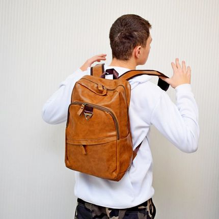 推荐Fashion Men Backpack Waterproof PU Leather Travel Bag Ma