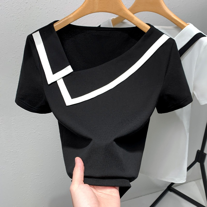 高级感法式V领短袖T恤女夏季2023新款时尚斜肩翻领上衣女设计感