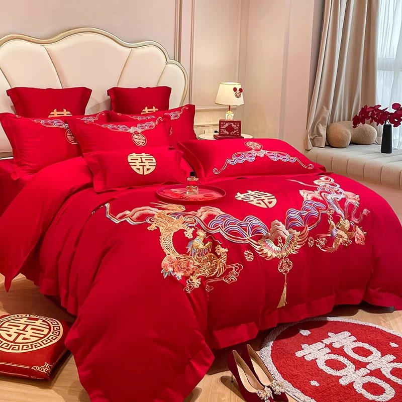 中式刺绣结婚四件套大红色婚房被套全棉婚庆床上用品六件套,床上用品,婚庆床品套件,淘宝优惠券,粉丝福利购,淘宝优惠卷