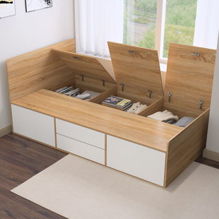 北欧卧室储物床1.2米板式 单人抽屉H床实木收纳床可定制高箱床
