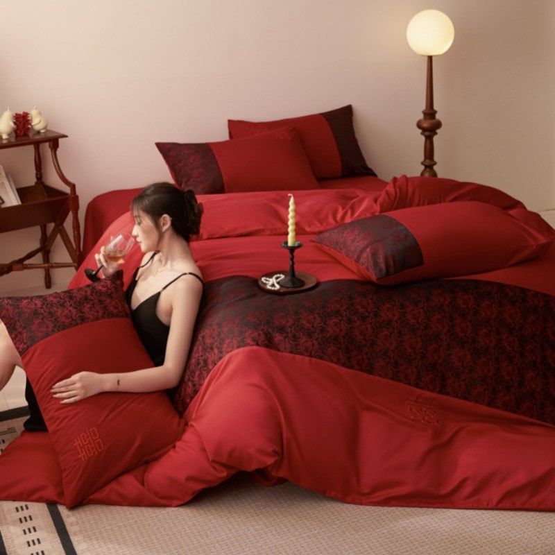 简约结婚四件套大红色新婚床单被套婚庆床上用品婚房陪嫁,床上用品,婚庆床品套件,淘宝优惠券,粉丝福利购,淘宝优惠卷