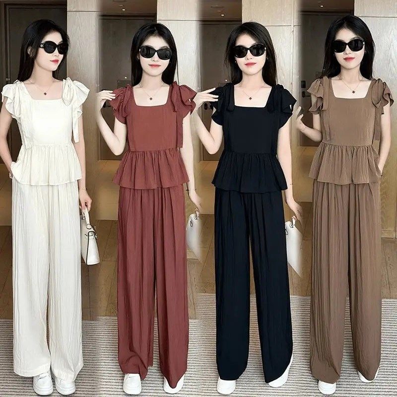 2024夏季新款方领时尚运动套装显瘦遮肉减龄洋气减龄阔腿裤两件套,女装/女士精品,时尚套装,淘宝优惠券,粉丝福利购,淘宝优惠卷