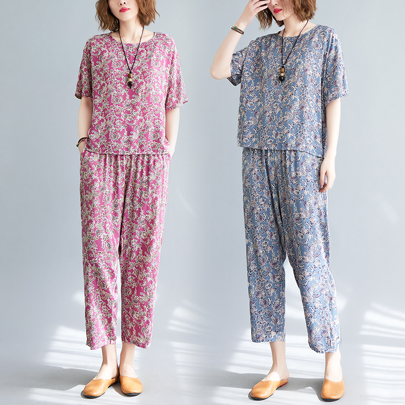 2022棉绸女运动时尚碎花套装t恤衫E上衣 高腰裤九分脚洋气两件套