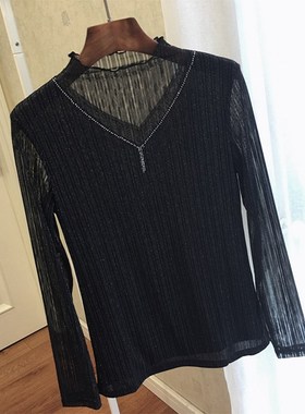 黑色亮丝打底衫女春秋2024新款半高领亮丝V链条长袖蕾丝网纱小衫