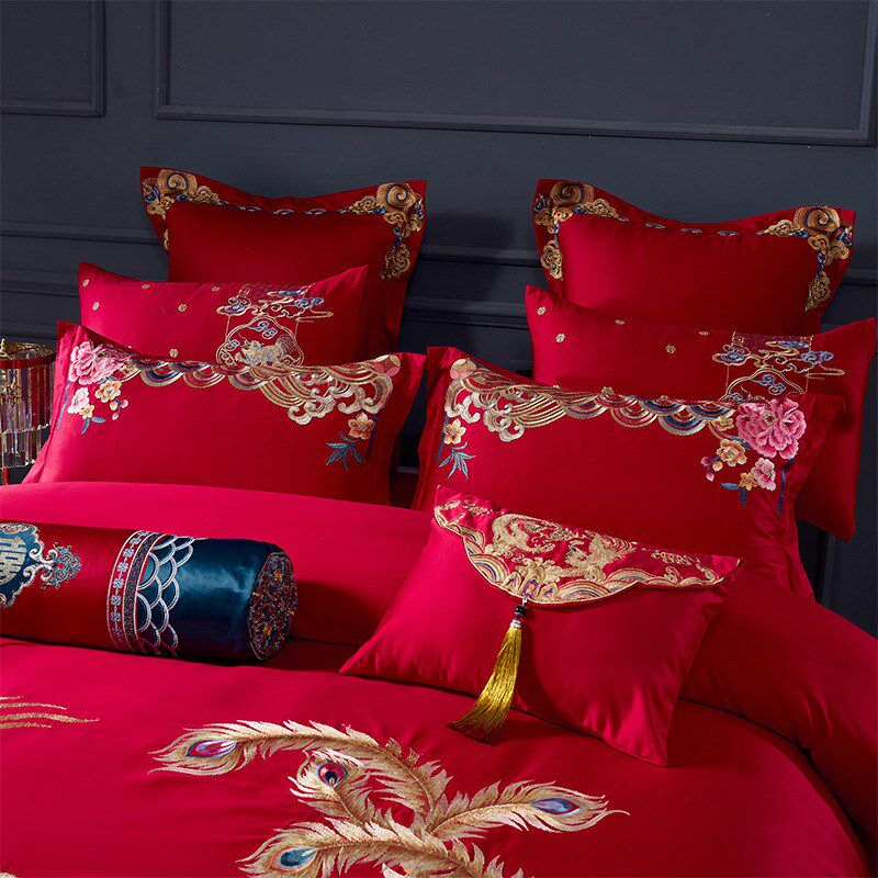 结婚四件套床上用品红色婚庆四件套喜被婚嫁喜庆婚房刺绣全棉
