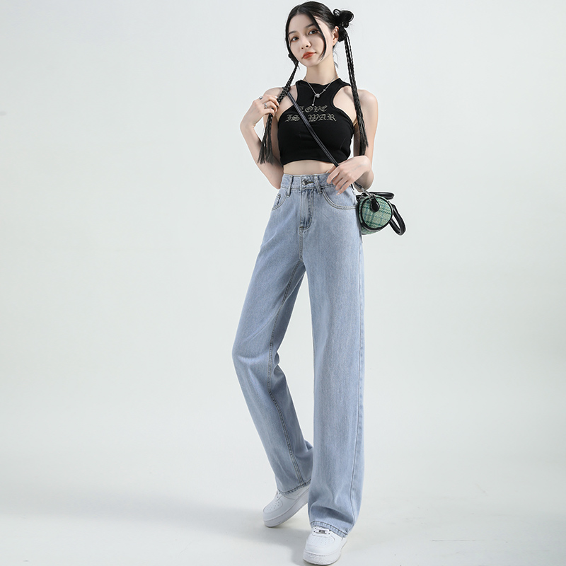 梨型身材浅蓝色阔腿裤女小个子z夏装搭配垂感宽松牛仔直筒长裤春