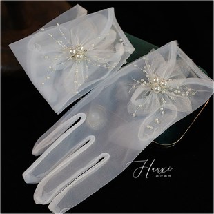 新娘结婚纱配饰影楼造型 网纱白色满天星珠子结款 婚纱手套短款 新款