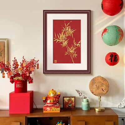 新中式金竹装饰画客厅新年喜庆电视柜桌面摆画高级感餐厅茶室挂画