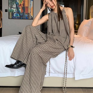 新款 洛边 春季 上衣背心休闲直筒裤 宽松百搭两件套 条纹棉麻套装