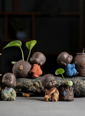 陶瓷禅意小花瓶创意小和尚水培绿萝花器复古茶道个性干花插花摆件