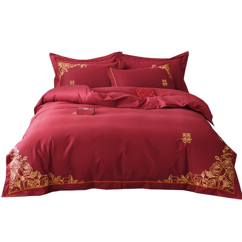 简约中式婚礼床品四件套全棉100支澳棉红色结婚被套床单1.8床笠,床上用品,婚庆床品套件,淘宝优惠券,粉丝福利购,淘宝优惠卷