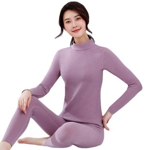 亮黄色女士德绒保暖内衣套装加绒加厚中高领秋衣秋裤女款双面绒红