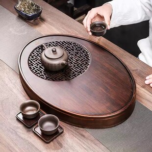 茶台储水式 茶盘家用竹小型新中式 茶托盘椭圆形干泡盘茶具轻奢茶海