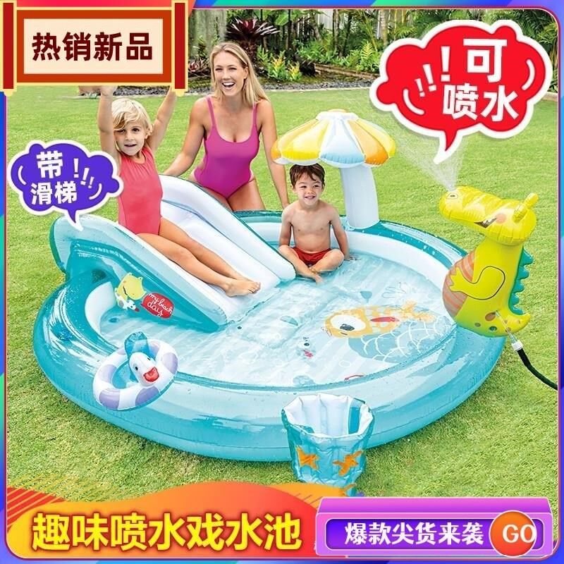 家用婴幼儿童充气游泳池户外卡通宝宝戏水喷水滑梯玩耍海洋球沙池