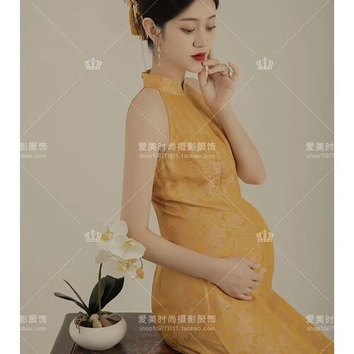 孕妇拍照服装e影楼复古新款黄色旗袍中国风中式孕妈咪艺术写真服