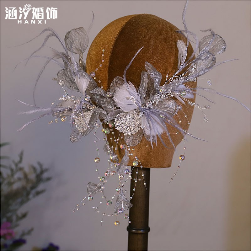 超仙韩式森系灰色娟纱新娘跟妆造型头花边夹手工发饰结婚仙美配饰