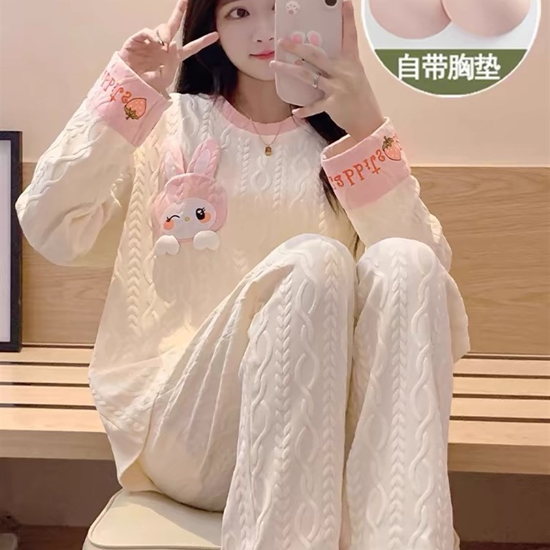 睡衣女夏季开衫长袖长裤套装夏天女士2024新款卡通春秋冬款家居服