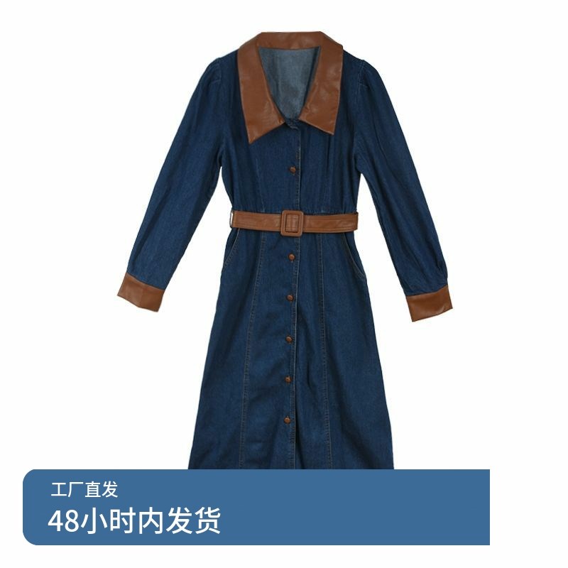 大码胖妹妹收腰复古单排扣牛仔连衣裙气质显瘦过膝长裙V领打底裙