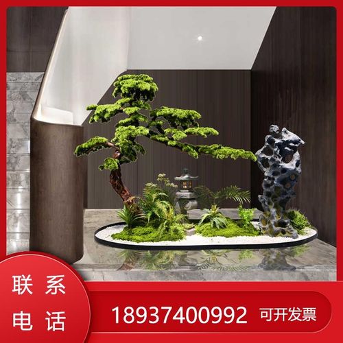 中式入户室内复式楼梯迎客松景观绿植下仿真造景院子假山太石摆件