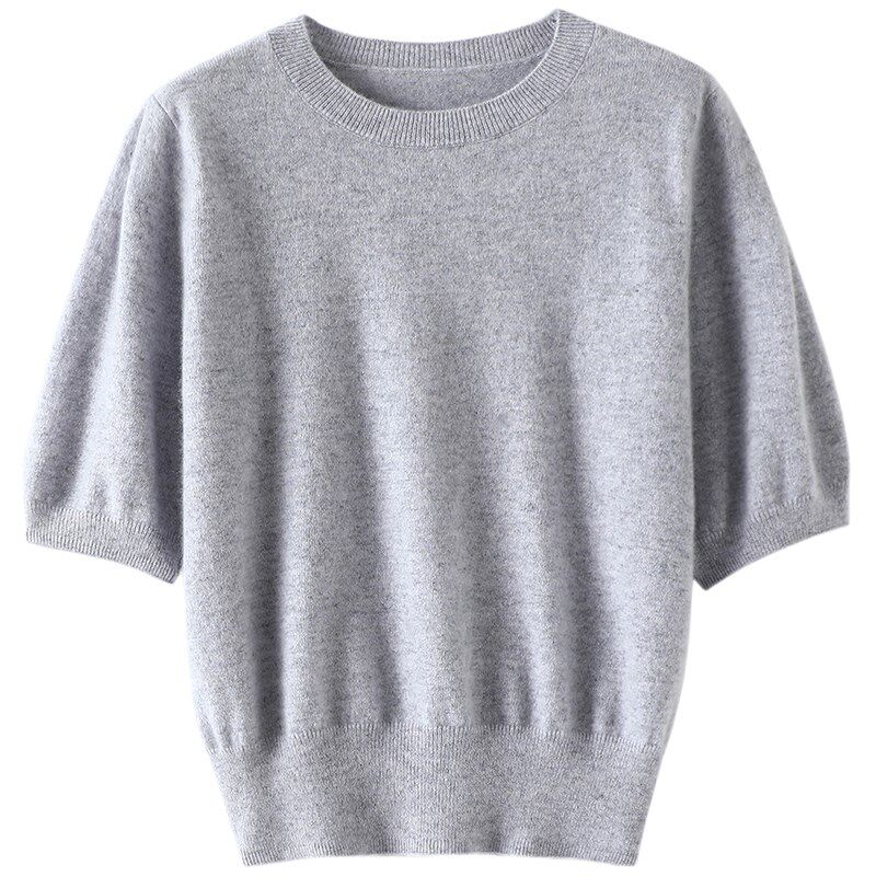 优雅生活的底气~好搭!圆领羊绒短袖女纯羊绒毛衣针织打底衫秋冬