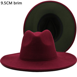 速发9.5cm Brim Fedora Jazz Hats男女毛呢礼帽大帽檐爵士帽拼色