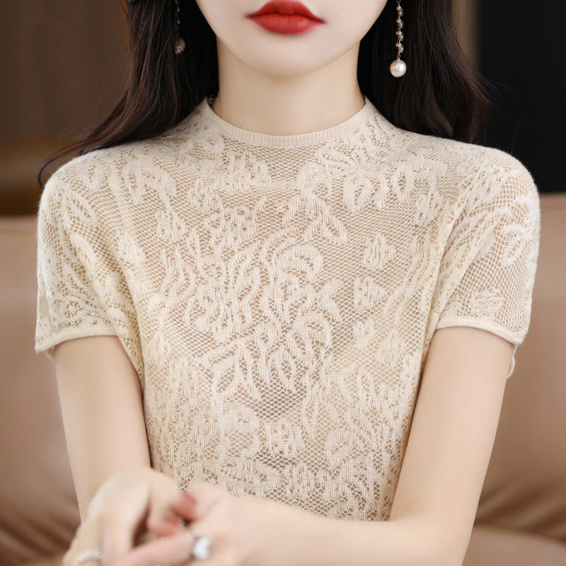 半高领蕾丝针织打底衫女夏季2023新款洋气时髦短袖T恤女气质短袖