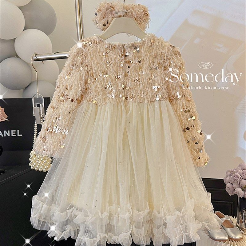 女童洋装秋d冬季2023新款洋派小女孩时髦加绒亮片网纱蓬蓬公主裙