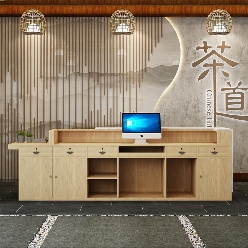 现代中式实木吧台公司前台接待台收银台采耳店吧台培训机构前台桌