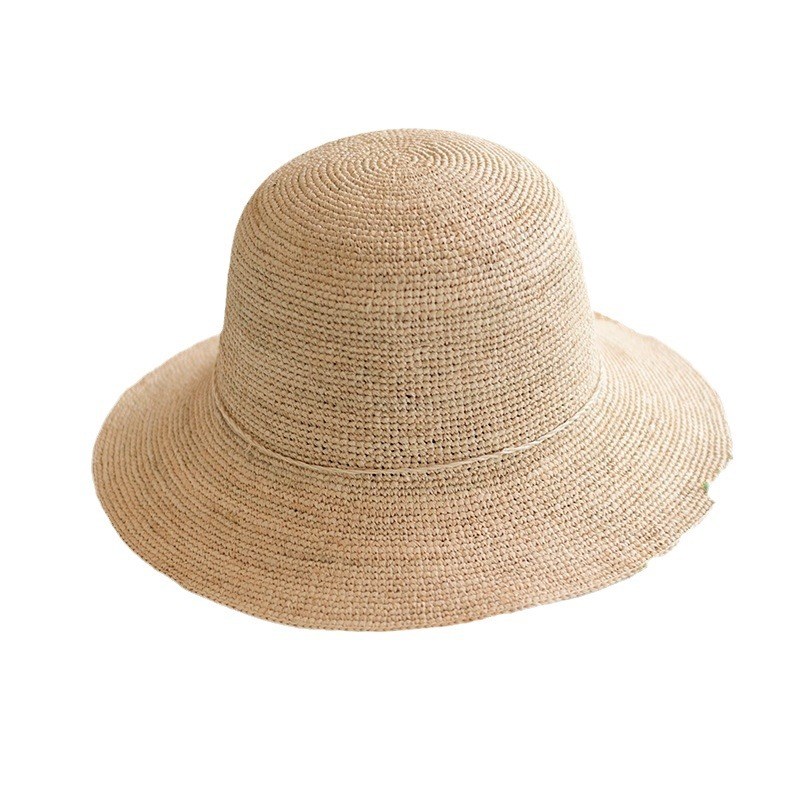 韩版纯手工编织盆帽拉菲草遮阳帽女E夏季渔夫帽凉帽防晒草帽可折
