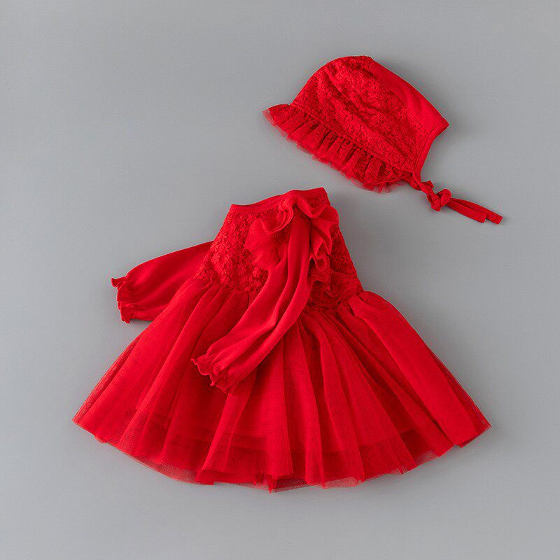 婴儿连衣裙秋冬女宝宝百天宴公主裙子红色新生儿满月周岁抓周礼服