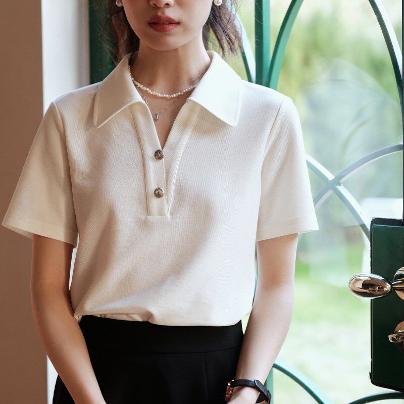 MIXABDO BEIGE APRICOT PIQUE POLO SHIRT SHORT SLEEVE T-SHIRT WOMENS SUMMER WAIST CASUAL AND VERSATILE AGE-REDUCING AMERICAN TOP