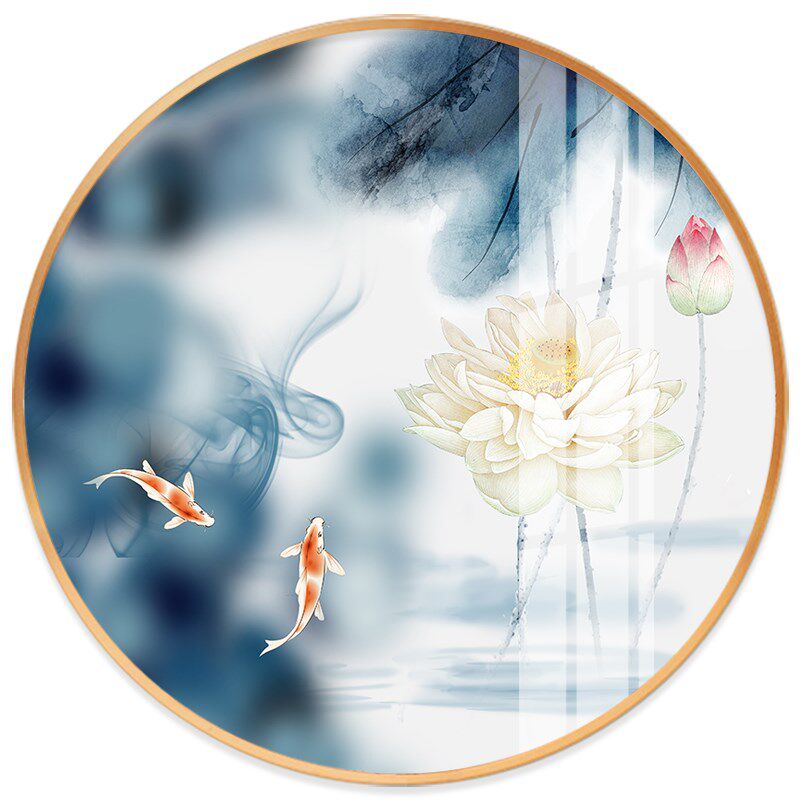 清雅荷韵玄关莲花创意圆形晶瓷画现代简约装饰画轻奢客厅饭厅壁画