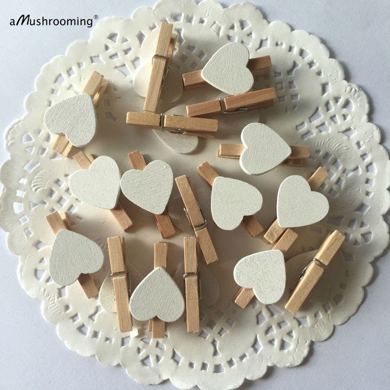 x10 White mini wooden pegs Mini wooden love heart clips Wedd