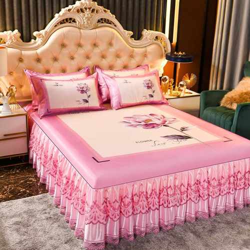 夏季冰丝凉席三件套床裙款空调软席子蕾丝花边1.8m可水洗机洗折叠