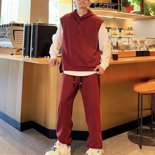 秋季新款简约纯色无袖套头连帽马甲长裤套装男女款运动休闲两件套