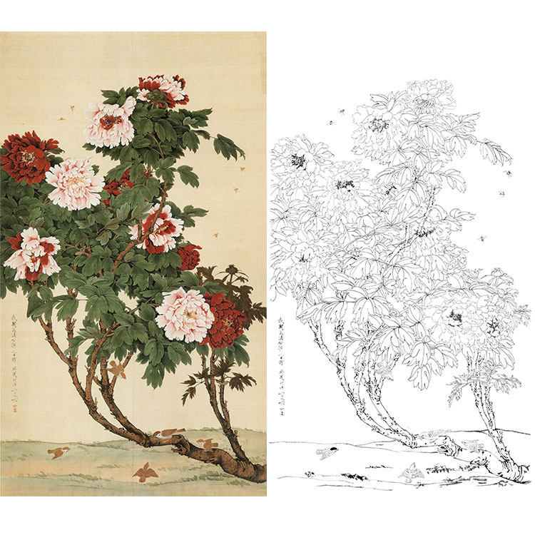 工笔画白描底稿于非闇花鸟牡丹蜂雀勾线实物打印稿尺寸可选YF81