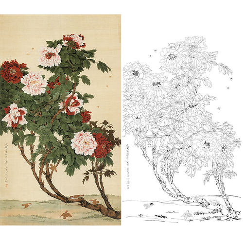 工笔画白描底稿于非闇花鸟牡丹蜂雀勾线实物打印稿尺寸可选YF81
