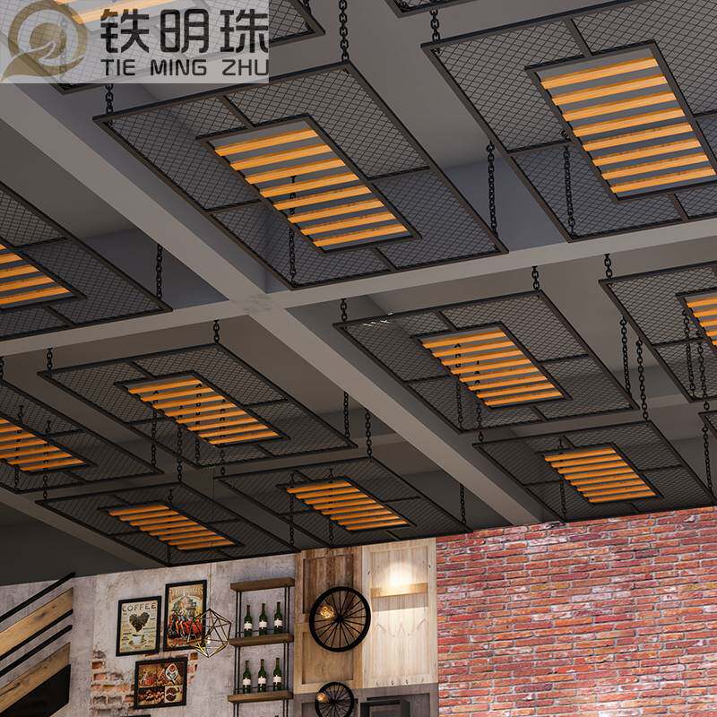 工业风吊顶餐厅铁艺隔断屏风酒店铁网天花板网格麻绳木条装饰定制