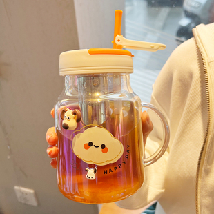 香港水杯女生高颜值玻璃杯茶水分离大容量吸管泡茶杯办公室杯子