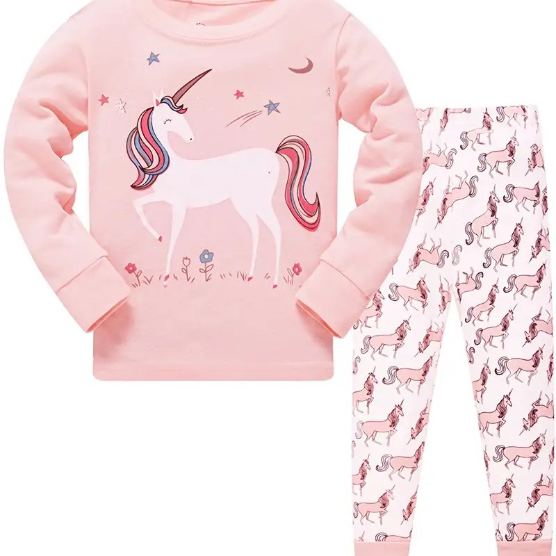 推荐2pcs Girls Casual Cartoon Unicorn Print Crew Neck Pink C