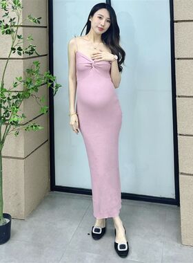 孕妇夏季港味复古气质连衣裙纯欲抹胸显瘦开叉背心裙冰丝吊带长裙
