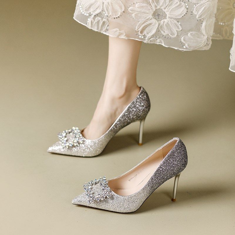 法式水钻方扣高跟鞋女细跟渐变色亮片婚鞋宴会礼服伴娘鞋尖头单鞋,女鞋,浅口单鞋,淘宝优惠券,粉丝福利购,淘宝优惠卷