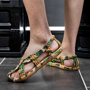 草鞋柔软透气露趾仿藤编红军镂空夏季大码包头凉鞋男女款洞洞鞋