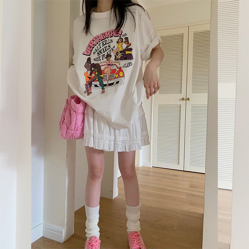 潮牌美式复古高街趣味印花短袖t恤女夏新款时尚宽松显瘦纯棉上衣