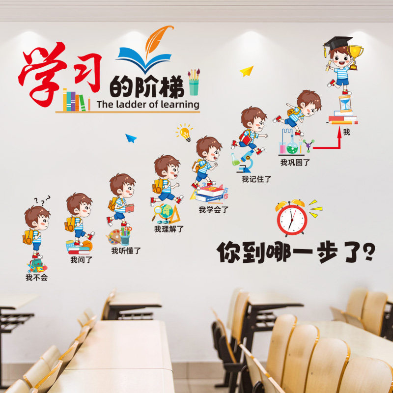 学习的阶i梯励志墙贴纸自粘小学教室装饰班级文化墙布置托管班贴