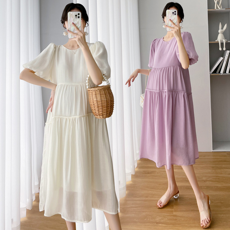 孕妇夏装连衣裙新款网红宽松大码时尚洋气休闲减龄中长款雪纺裙子