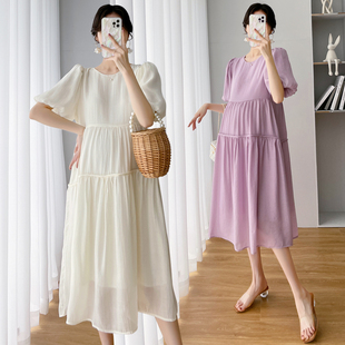 孕妇夏装连衣裙新款网红宽松大码时尚洋气休闲减龄中长款雪纺裙子