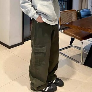 小张几军绿色牛仔工装裤多口袋美式宽松直筒做旧半松紧腰阔腿裤男