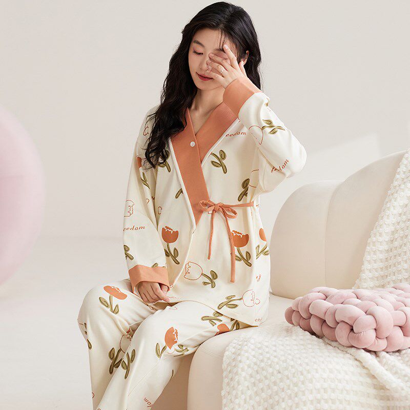 月子服带胸垫睡衣女产后产妇哺乳秋冬孕妇8春秋9月份10冬甜美