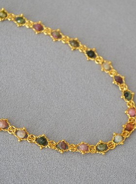 法式复古小众彩i色碧玺真石串珠链条编织黄铜镀金简约文艺气质项